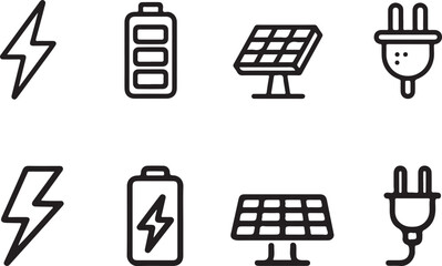 Black and white energy icons including lightning bolt battery solar panel and plug on white background