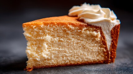 Close up view of a slice of cheesecake with white topping on a dark surface in studio shot