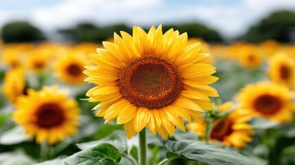 Fototapeta premium Vibrant sunflowers stretch toward the summer sky, basking in golden sunlight and creating a stunning display of nature's beauty across a lush field