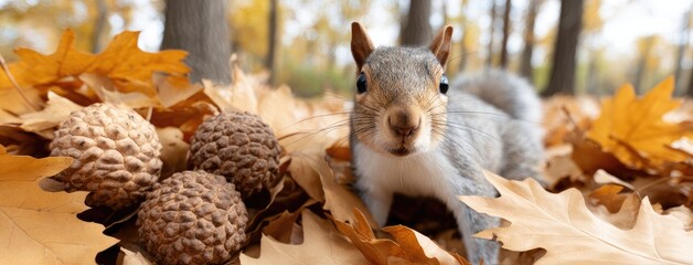 Gray squirrel foraging for acorns in autumn forest with mossy leaves and colorful foliage