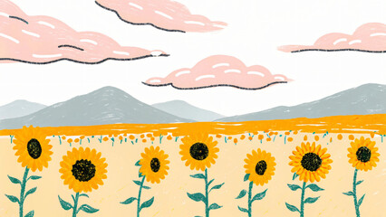 Vibrant Sunflower Field Illustration with Pink Clouds and Distant Mountains Cheerful Summer Landscape Art