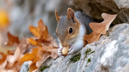 Gray squirrel foraging for acorns in autumn forest with mossy leaves and colorful foliage
