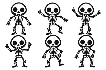 Six cartoon skeletons dancing and pointing black white