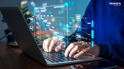 A sleek digital workspace with holographic UI overlay, showcasing futuristic tools, data charts, and collaboration