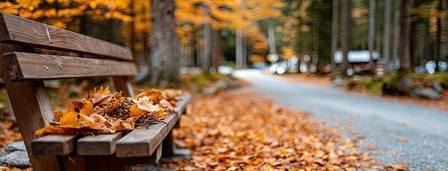Serene autumn day on a quiet forest path with vibrant leaves and a peaceful bench inviting nature's tranquility