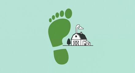 Green footprint farm barn turquoise background environmental sustainability. Ecological agriculture carbon footprint rural farming. Climate change awareness concept