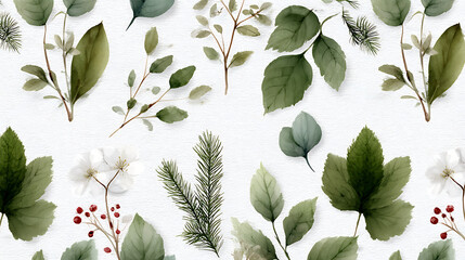 Beautiful seamless horizontal pattern with watercolor hand drawn forest plant leaves and flowers. Popular stock design. Textile print. 59488220 1