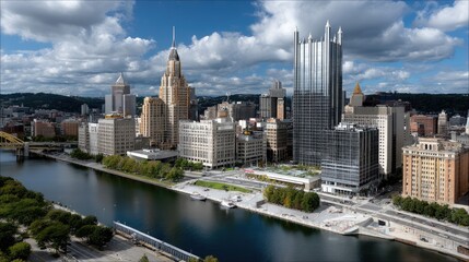 Fototapeta premium Drone captures vibrant skyline with downtown buildings and empty streets flanked by homes under a bright summer sky