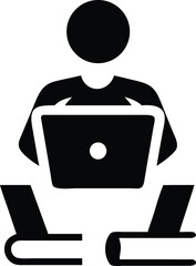 Black Silhouette Person Using Laptop Computer with Books Below vector
