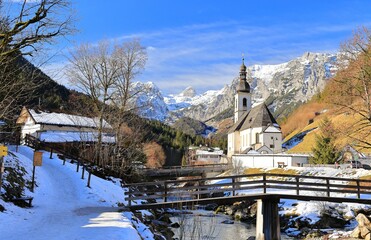 Village of Ramsau with the Bavarian Alps in the backdrop. The tranquil beauty of an idyllic alpine...