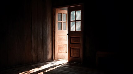 A partially open door with glass panes in a dark room with light shining through door