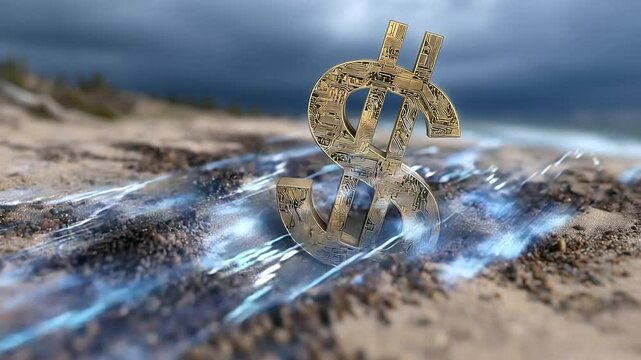 Surreal image of dollar sign sinking into giant sand pit under overcast skies, tiny financial charts and arrows sinking alongside, representing risk, recession, and economic declin