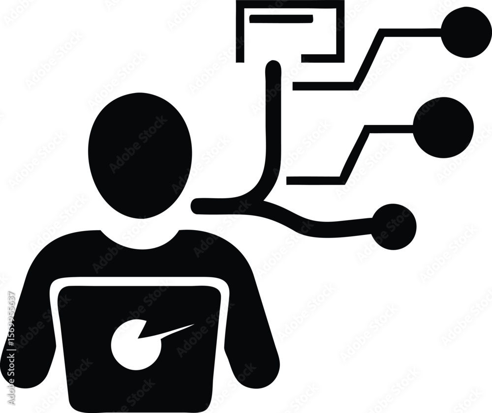 Poster black silhouette person using laptop connected to data points network diagram icon computer