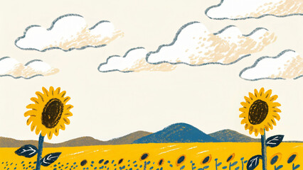 Vibrant Sunflower Field Under a Cloudy Sky with Distant Mountains in a Stylized Artistic Illustration