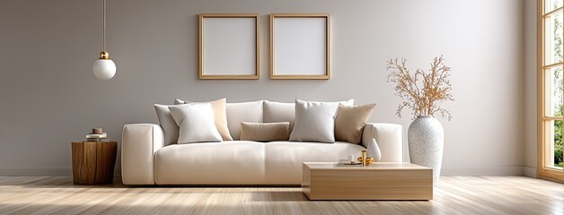 Soft beige walls and a cream sofa with a wooden coffee table create a tranquil space filled with natural light from large windows