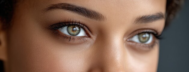 Stunning close-up reveals a woman's striking eyes framed by dark, thick eyebrows and defined lashes, set against flawless skin
