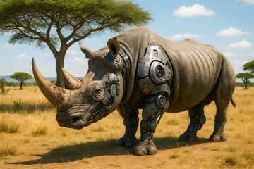 Robotic Rhino Roaming Futuristic Savannah