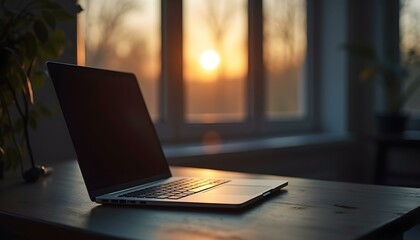 Sleek Laptop on Wooden Desk at Sunset