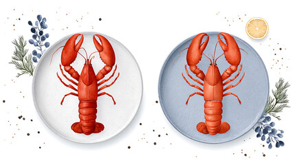 Lobster and crab on plates. Healthy and tasty food. Watercolor hand drawn illustrations. Clip art 47996706 1