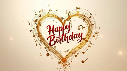 Happy birthday message with heart shaped swirls and musical notes on a light beige background
