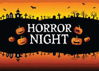 Spooky Halloween night vector illustration with pumpkins, bats, and a haunted house under a full moon, perfect for a dark October holiday celebration background