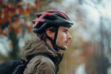 Cyclist wearing helmet and backpack waiting under the rain in autumn