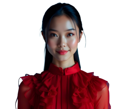 Cheerful young Asian woman smiling in elegant red dress png background