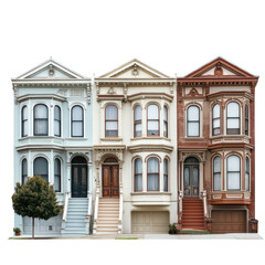 Fototapeta premium Row of victorian style homes with bay windows and detailed facades isolated on transparent background