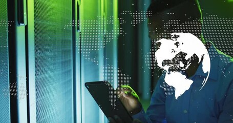 Male technician scrolling tablet in server room, monitoring network, rotating globe and moving dots - Powered by Adobe