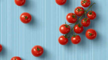 Seamless pattern with hand-painted tomatoes on a light blue striped background. Acrylic style, perfect for textiles, wallpaper, packaging, and summer-themed designs. 66388413 1