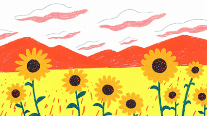 Colorful Sunflower Field with Distant Hills and Dramatic Clouds in a Stylized Artistic Illustration