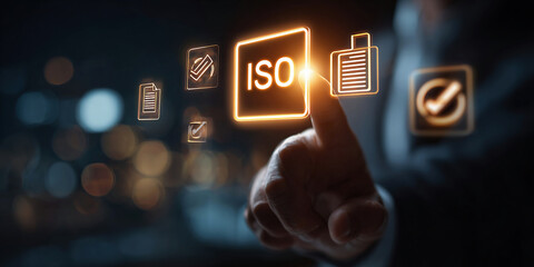 ISO standards quality control, Certification and standardization process, iso certified business, conformity to international standards and quality assurance concept. Person touching certificate icon