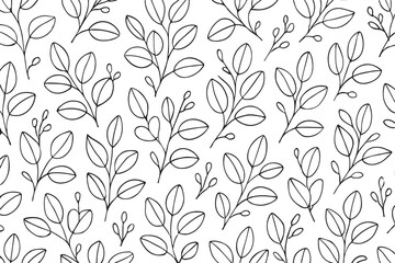 Fototapeta premium Seamless pattern of delicate hand drawn black line art eucalyptus branches and leaves on a clean white background