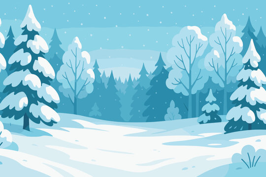 Winter landscape with snow-covered trees in a forest clearing. Panoramic snowy nature scene background. Modern flat vector cartoon illustration for Christmas holiday design. - Powered by Adobe