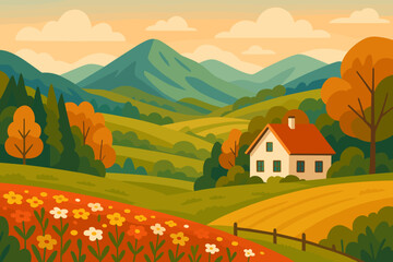 Rural autumn landscape with mountains, hills, fields, and forest. Cozy country house in a scenic valley. Idyllic countryside scene with a flower meadow. Vector cartoon illustration.