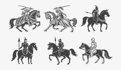 Medieval Knight in Full Plate Armor on Warhorse in Detailed Engraving Style Silhouette Illustration Design
