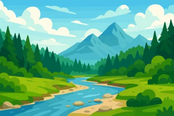 Poster Summer spring vector landscape with mountains, forest, and river. Nature scenery background. Outdoor cartoon illustration for travel, adventure, or environmental concept.