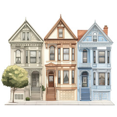 Charming victorian row houses with intricate architectural details and a leafy tree isolated on transparent background