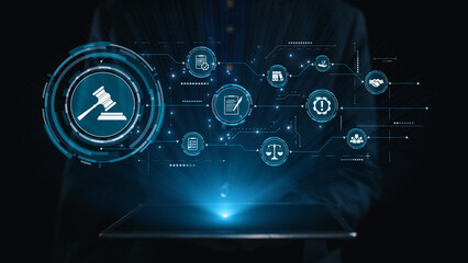 Futuristic digital law interface displaying justice scale, highlighting digital law, AI compliance,...