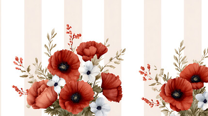 Beautiful geometric seamless pattern with watercolor vertical hand drawn stripes and gentle poppy floral bouquets with bows. Stock illustration. Wallpaper design. 43454075 1