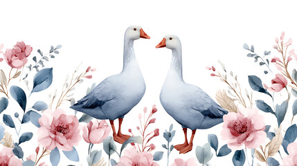 Beautiful children's seamless pattern with cute hand drawn watercolor goose bird. Stock illustration. 39777519 1