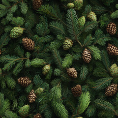 Green pine branches and cones, soft shadows, natural lighting, seamless holiday packaging design