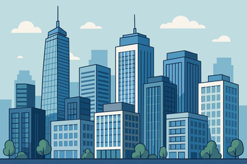 Fototapeta premium Modern Cityscape Skyline with Tall Skyscrapers, Office Buildings, Urban Business District, Blue Tones, Flat Vector Illustration, Metropolitan Architecture, Downtown Concept