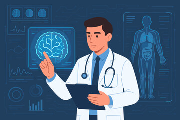 Doctor analyzing brain scan on futuristic holographic interface. Medical technology, neurology, and virtual diagnosis. Human anatomy research. AI in healthcare. Medicine innovation.