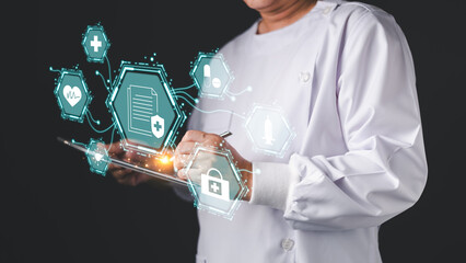 A medical professional uses a digital tablet displaying glowing health icons, electronic health records, data security, medical technology, digital healthcare, and patient data management systems.
