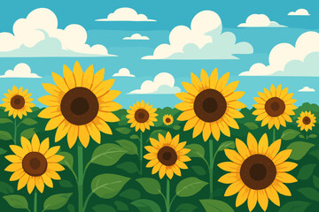 Field of sunflowers landscape against blue sky with clouds. Summer agriculture scene. Floral nature background. Sunny day vector cartoon illustration in modern flat design.