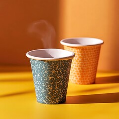 Steam rising from coffee cups.