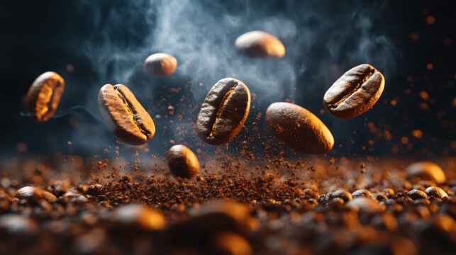 Coffee beans in mid-air, surrounded by smoke and ground coffee