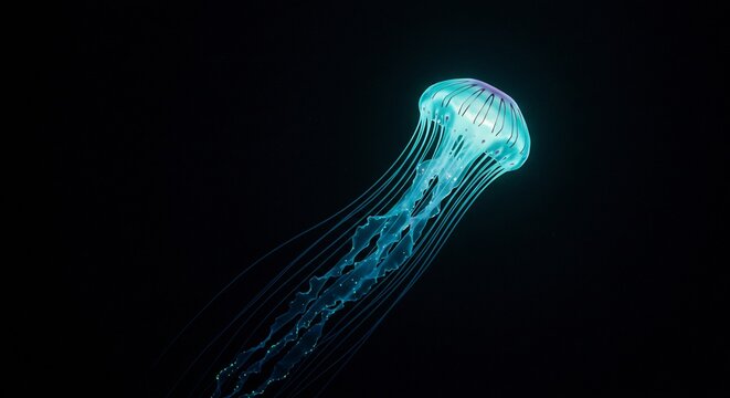 M�duse bioluminescente nage gracieusement obscurit� profonde lumi�re turquoise. AI Generated