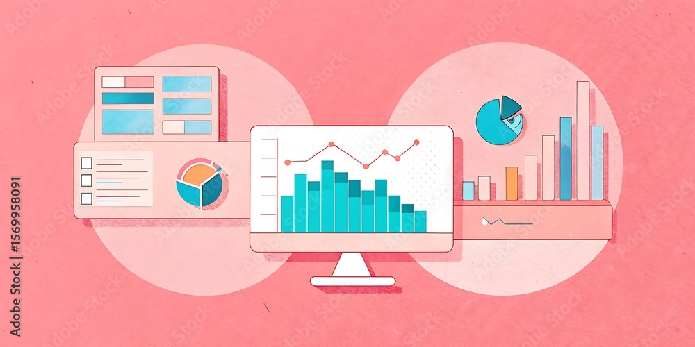 Poster business data is displayed on a computer screen with charts and graphs.